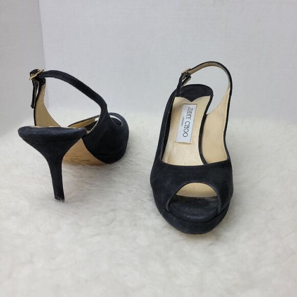 Jimmy Choo “Nova” Slingback Peep Toe Platform Pumps Black Satin Shoes Size 8 - Picture 6 of 11